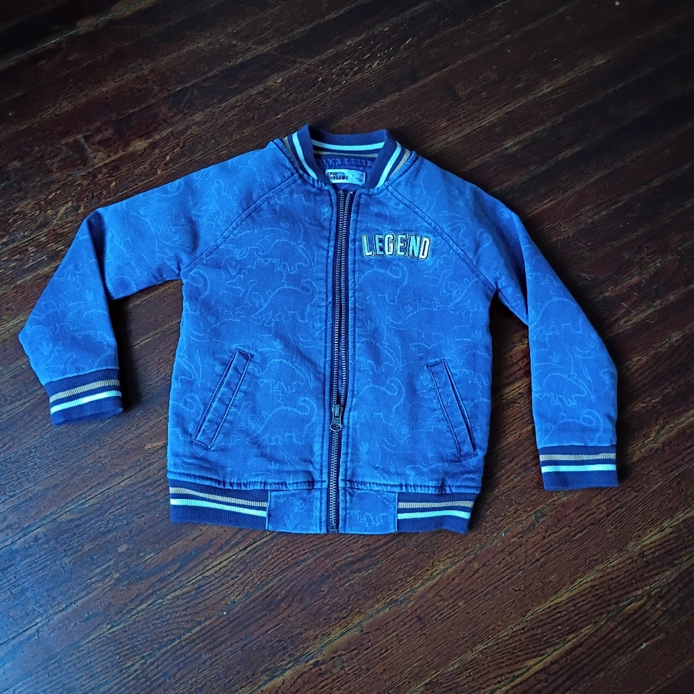 Epic Threads Legend Denim Bomber Jacket Boys 3T Blue Embroidered Dinosaur - Picture 2 of 10